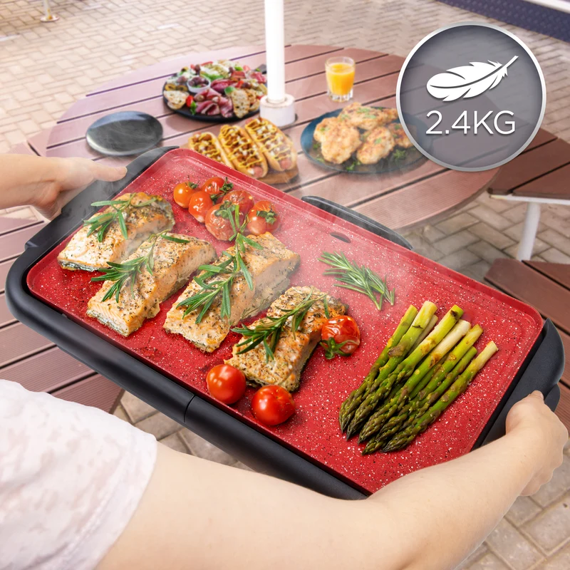 Duronic GP25 Piastra elettrica Antiaderente 2000W Vassoio Scaldavivande, Griglia XL in Ceramica al Titanio, Termostato Regolabile e Removibile Grill fino a 225°C Plancha nero