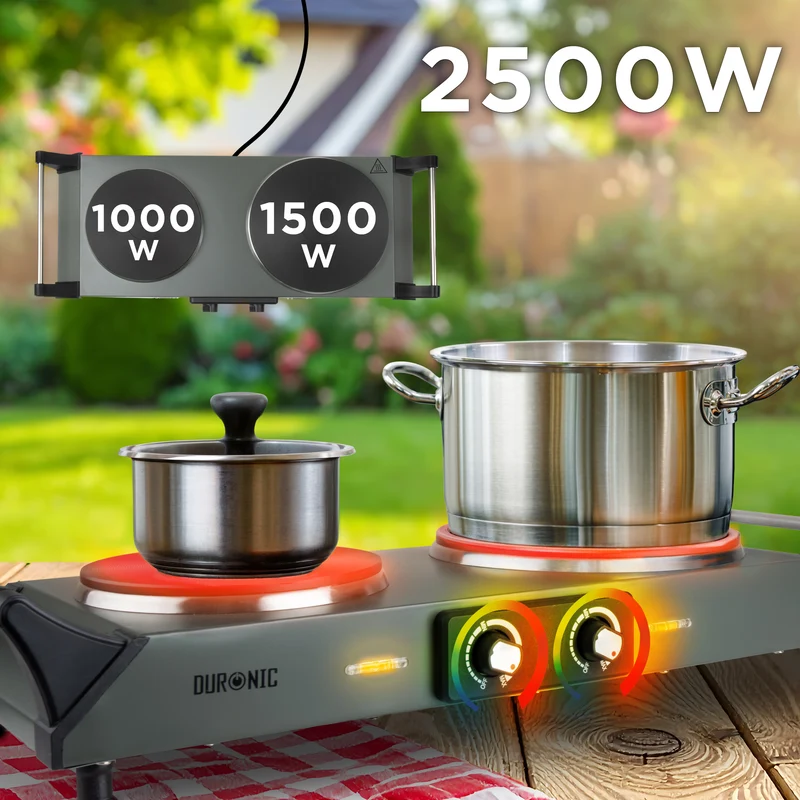 Duronic HP2 GG Fornello Elettrico 2500W 2 Piastre in Ghisa 2 Fuochi Nero, Temperatura regolabile, manici per il trasporto, piano cottura portatile, per campeggio, casa, ufficio e cucina Grigio Verde