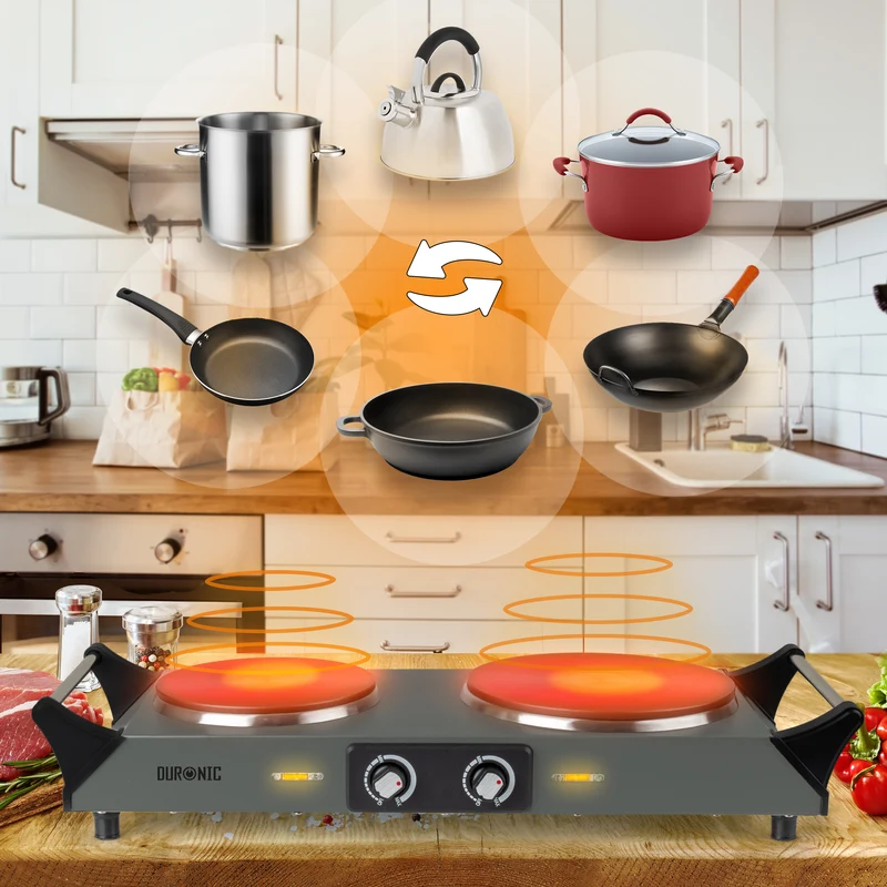 Duronic HP2 GG Fornello Elettrico 2500W 2 Piastre in Ghisa 2 Fuochi Nero, Temperatura regolabile, manici per il trasporto, piano cottura portatile, per campeggio, casa, ufficio e cucina Grigio Verde