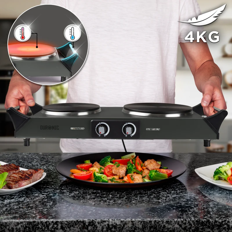 Duronic HP2 GG Fornello Elettrico 2500W 2 Piastre in Ghisa 2 Fuochi Nero, Temperatura regolabile, manici per il trasporto, piano cottura portatile, per campeggio, casa, ufficio e cucina Grigio Verde