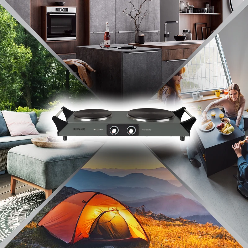 Duronic HP2 GG Fornello Elettrico 2500W 2 Piastre in Ghisa 2 Fuochi Nero, Temperatura regolabile, manici per il trasporto, piano cottura portatile, per campeggio, casa, ufficio e cucina Grigio Verde