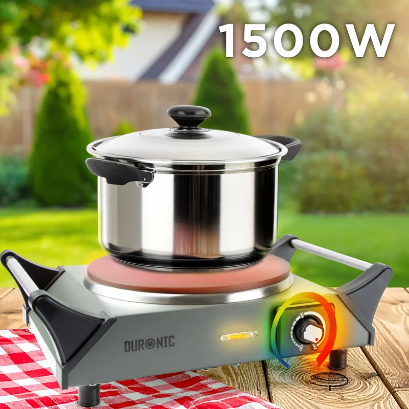 Duronic HP1 GG Fornello Elettrico 1500W con Piastra in Ghisa 1 Fuoco, Temperatura regolabile, manici per il trasporto, piano cottura portatile, per campeggio, casa, ufficio e cucina Grigio Verde