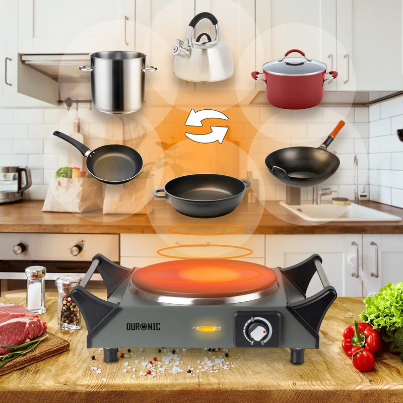 Duronic HP1 GG Fornello Elettrico 1500W con Piastra in Ghisa 1 Fuoco, Temperatura regolabile, manici per il trasporto, piano cottura portatile, per campeggio, casa, ufficio e cucina Grigio Verde