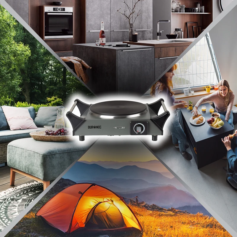 Duronic HP1 GG Fornello Elettrico 1500W con Piastra in Ghisa 1 Fuoco, Temperatura regolabile, manici per il trasporto, piano cottura portatile, per campeggio, casa, ufficio e cucina Grigio Verde