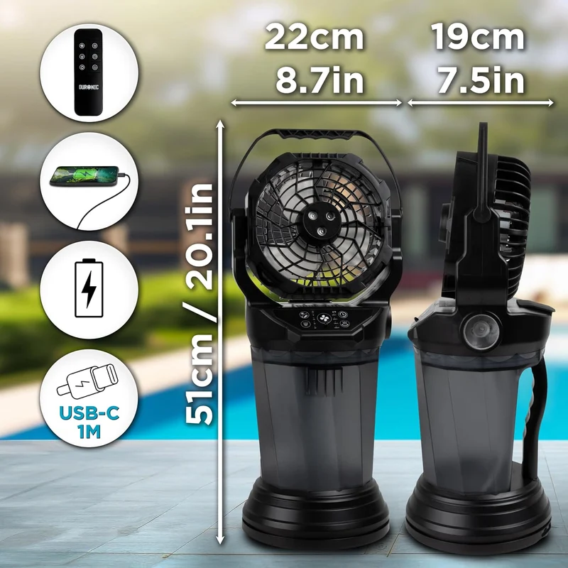 Duronic FM6 Ventilatore Nebulizzatore Portatile Ricaricabile 2L | Telecomando, 4 velocità, oscillazione 90°, luci LED, torcia emergenza, timer, USB-C, 2kg, per camera, ufficio, campeggio