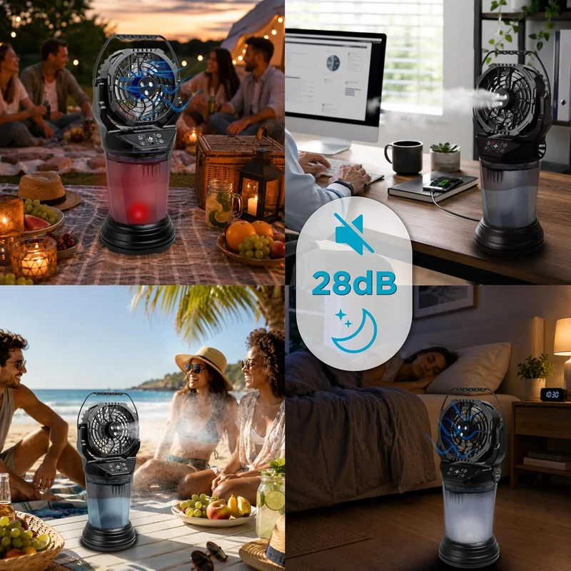 Duronic FM6 Ventilatore Nebulizzatore Portatile Ricaricabile 2L | Telecomando, 4 velocità, oscillazione 90°, luci LED, torcia emergenza, timer, USB-C, 2kg, per camera, ufficio, campeggio