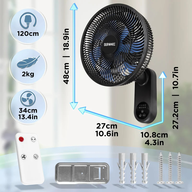 Duronic FN12 BK Ventilatore da Parete 34 cm, Telecomando, 50W, Oscillante | 3 velocità, Ventola con timer 1-7,5 h, silenzioso, controllo manuale o telecomando, cucina, camera, garage, ufficio, Nero
