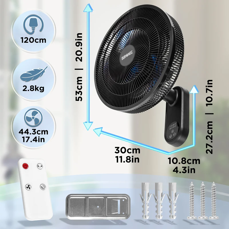 Duronic FN42 BK Ventilatore da Parete 50W 16 Duronic FN42 BK Ventilatore da Parete 50W 16 Pollici con 3 Velocità | Ventilatore Muro Oscillazione, Timer fino a 7,5 Ore, Telecomando, 10 Pale Silenziose Ventola per Casa, Camera e Soggiornocon 3 Velocità