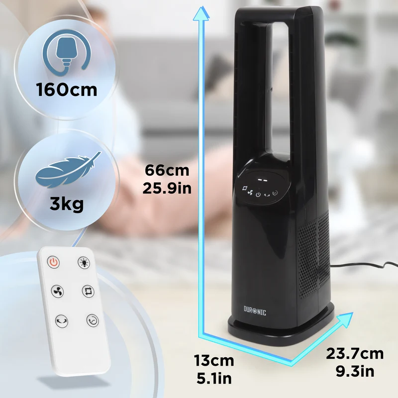 Duronic FN72 BK Ventilatore a Colonna 60W Ventola Torre con 3 Velocità | Oscillazione, Timer 1-12 Ore, Modalità Notte Silenziosa, Telecomando, Salvaspazio Ventilatore per Casa, Camera e Soggiorno