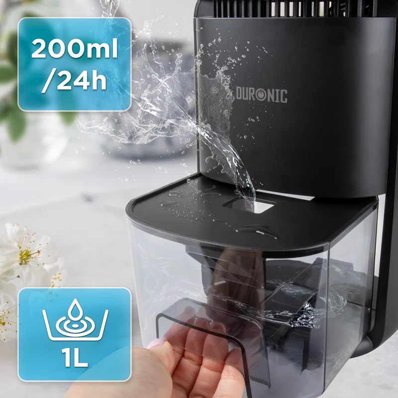 Duronic DH07 BK Mini Deumidificatore Silenzioso per Camera da Letto e Bagno, Deumidificatore 22,5W 1L, timer 6h/12h, spegnimento automatico, anti muffa, allergie, deumidificatore silenzioso nero LED