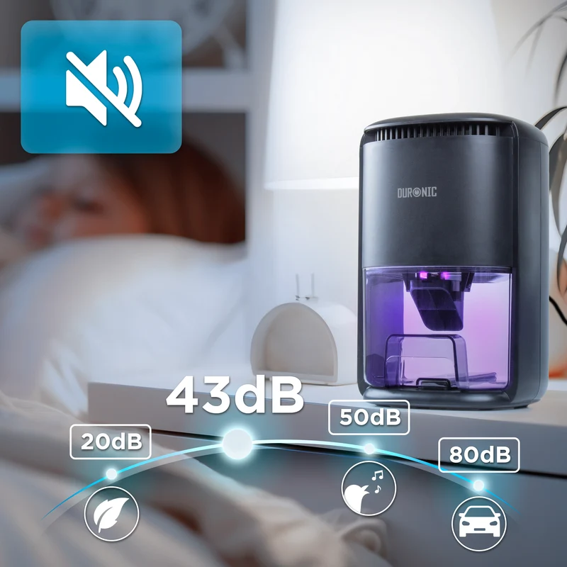 Duronic DH07 BK Mini Deumidificatore Silenzioso per Camera da Letto e Bagno, Deumidificatore 22,5W 1L, timer 6h/12h, spegnimento automatico, anti muffa, allergie, deumidificatore silenzioso nero LED