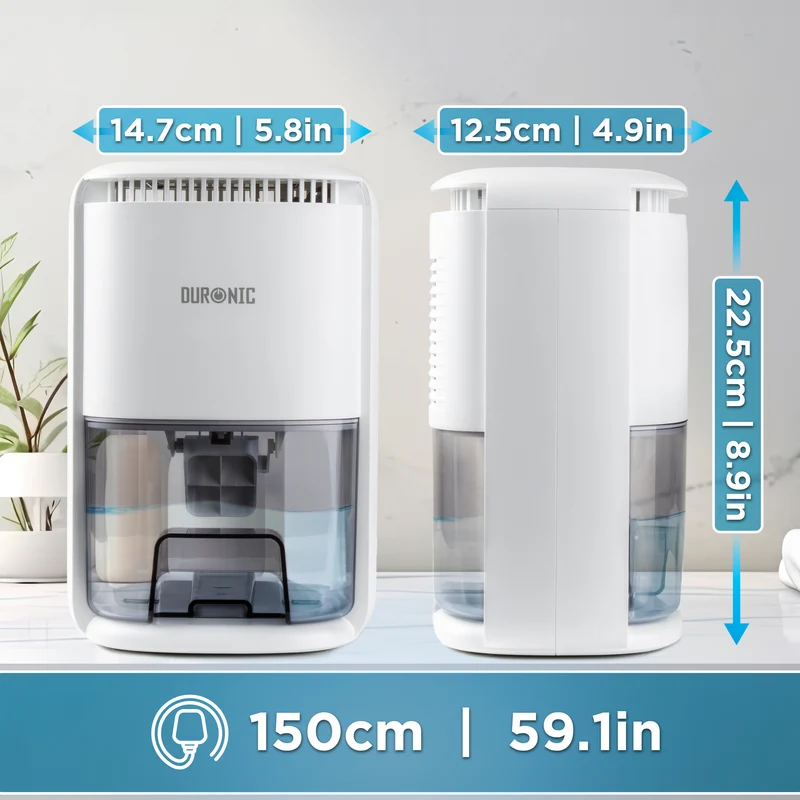 Duronic DH07 WE Mini Deumidificatore Elettrico Compatto 1L Anti Muffa 22,5W, Timer e spegnimento automatico, Deumidificatore per camera da letto, bagno e casa, Anti condensa e allergie Bianco