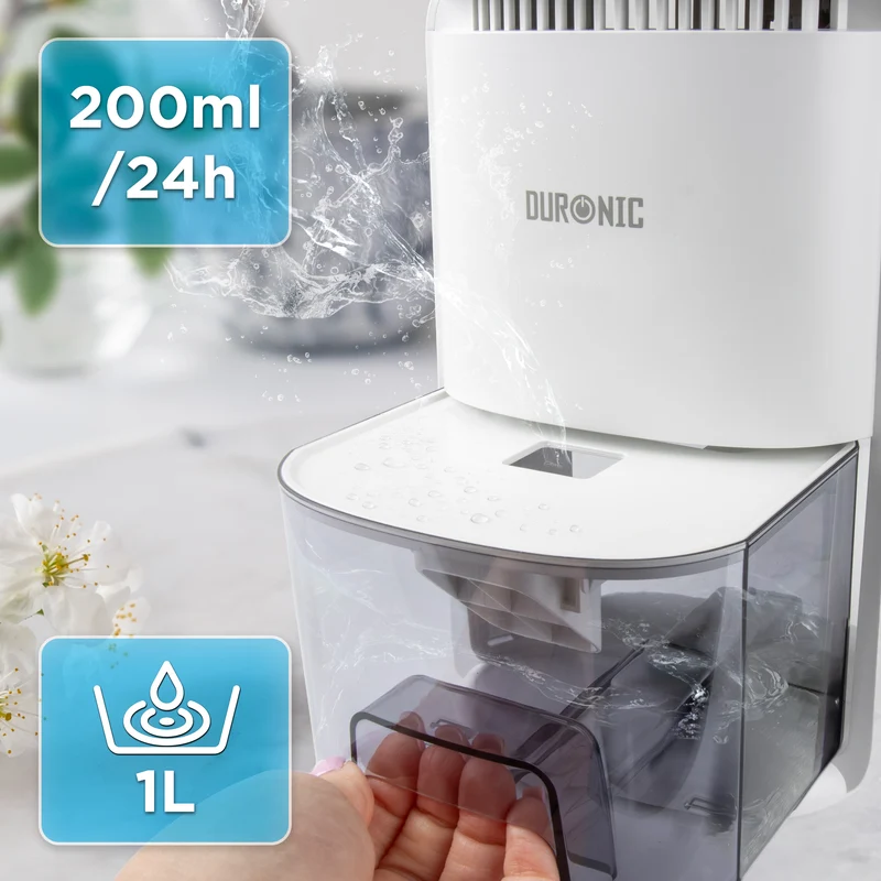 Duronic DH07 WE Mini Deumidificatore Elettrico Compatto 1L Anti Muffa 22,5W, Timer e spegnimento automatico, Deumidificatore per camera da letto, bagno e casa, Anti condensa e allergie Bianco