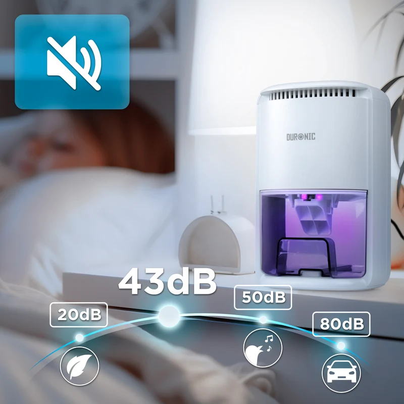 Duronic DH07 WE Mini Deumidificatore Elettrico Compatto 1L Anti Muffa 22,5W, Timer e spegnimento automatico, Deumidificatore per camera da letto, bagno e casa, Anti condensa e allergie Bianco