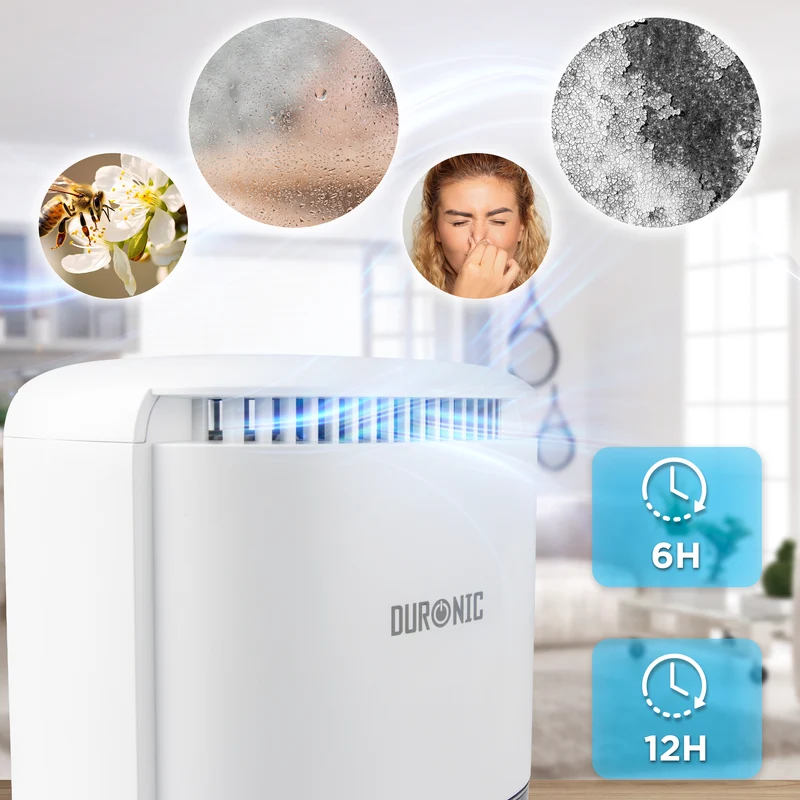 Duronic DH07 WE Mini Deumidificatore Elettrico Compatto 1L Anti Muffa 22,5W, Timer e spegnimento automatico, Deumidificatore per camera da letto, bagno e casa, Anti condensa e allergie Bianco