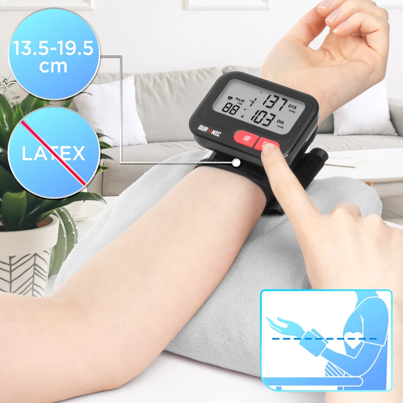 Duronic BPM65 BK Misuratore Pressione da Polso Digitale Automatico, Sfigmomanometro Portatile, Display Retroilluminato, Memoria, Rilevazione Aritmie, Misura Pressione Arteriosa, Battito, Nero