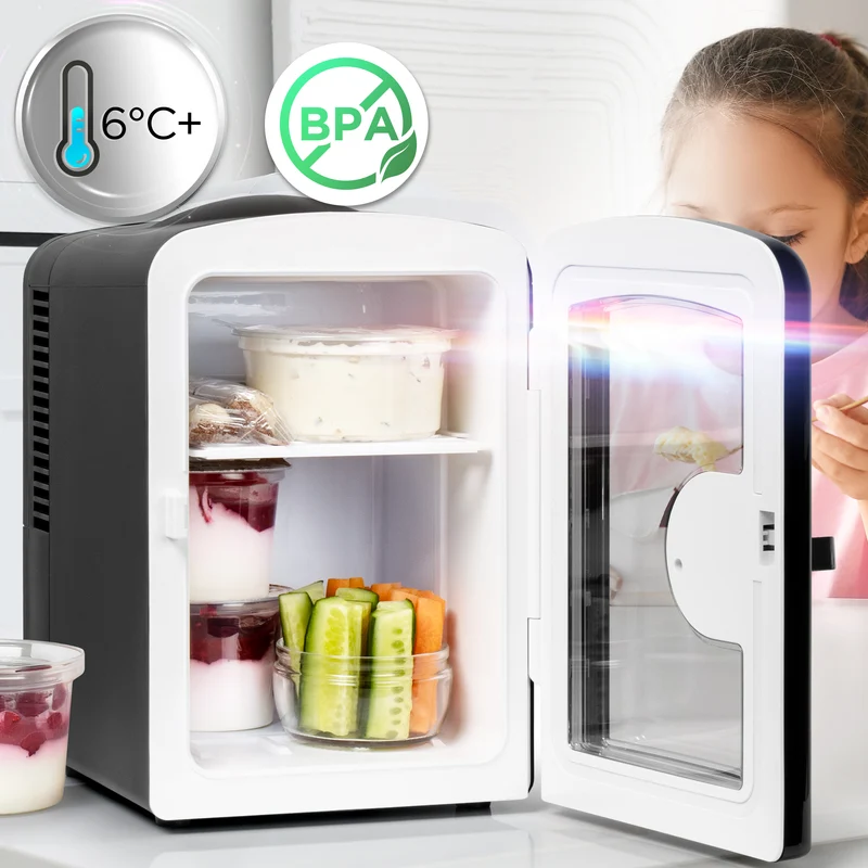 Duronic MFW4 BK Mini Frigo Portatile 4L Caldo Freddo Skincare Fridge per Cosmetici e Bevande Mini Cooler 6 Lattine AC/DC 12V Auto e 220V Casa Frigorifero Silenzioso per Camera Ufficio