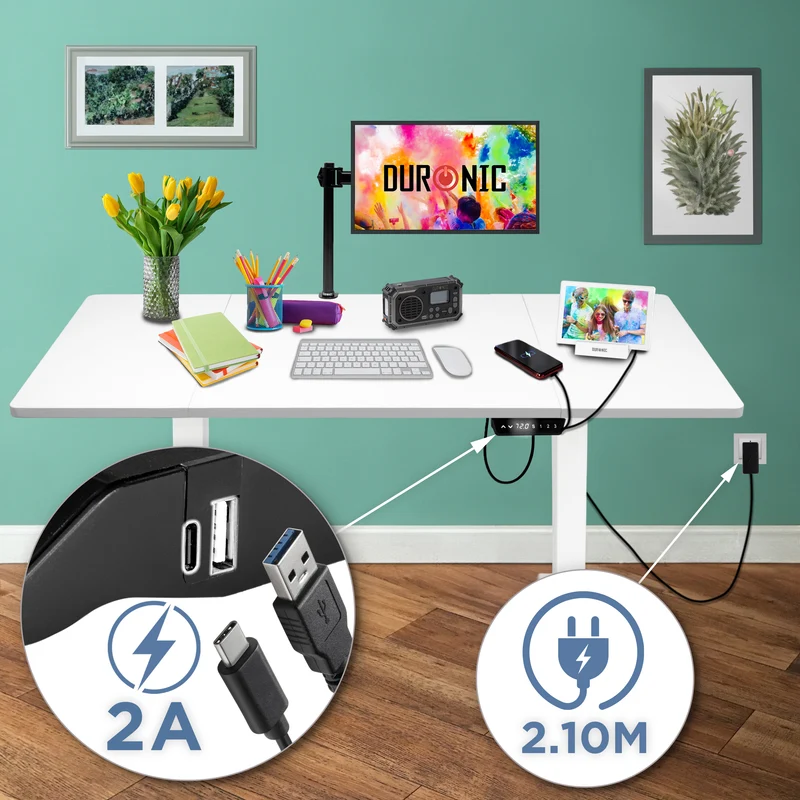 Duronic CD160 WE Scrivania Elettrica Regolabile in Altezza 160x60 cm Bianco, Desk Motorizzato 72-118 cm, 3 Memorie, USB USB-C, Carico 70 kg, Postazione Ergonomica Ufficio Casa Smart Working