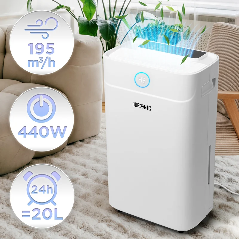 Duronic DH201 Deumidificatore 20L al Giorno 440W Potente con Serbatoio 5,1L Antimuffa Umidità Muffa Condensa Bagno Camera Cantina Casa, Timer 24h Scarico Continuo, Silenzioso per asciugare il bucato