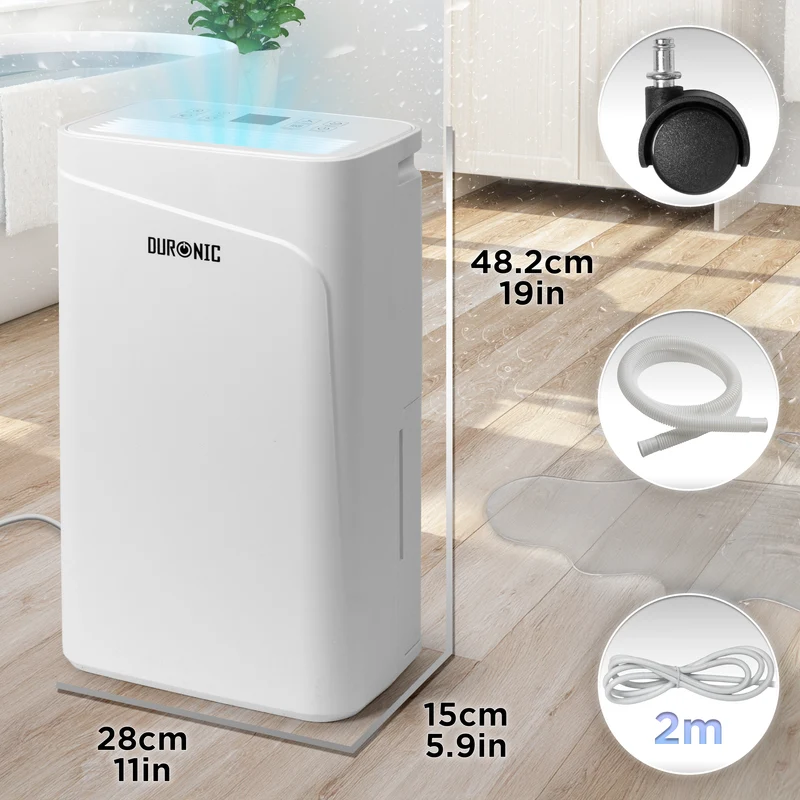 Duronic DH121 Deumidificatore 12L al Giorno 300W per Casa, 36dB, Bianco Deumidificatore silenzioso per bagno, camera da letto e lavanderia, con Timer 24h, serbatoio 2,1L scarico continuo e gas R290
