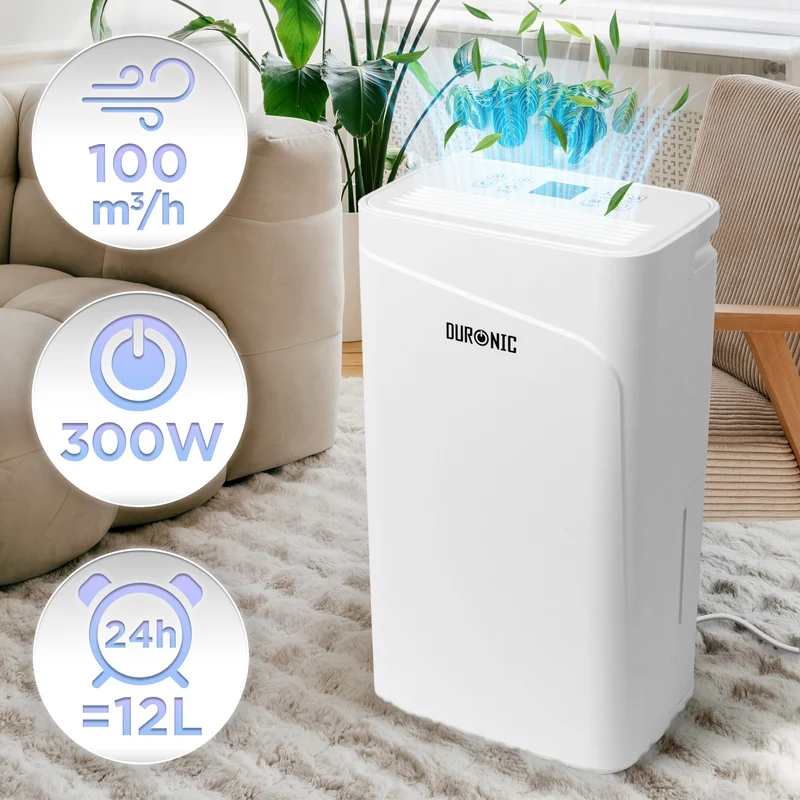 Duronic DH121 Deumidificatore 12L al Giorno 300W per Casa, 36dB, Bianco Deumidificatore silenzioso per bagno, camera da letto e lavanderia, con Timer 24h, serbatoio 2,1L scarico continuo e gas R290