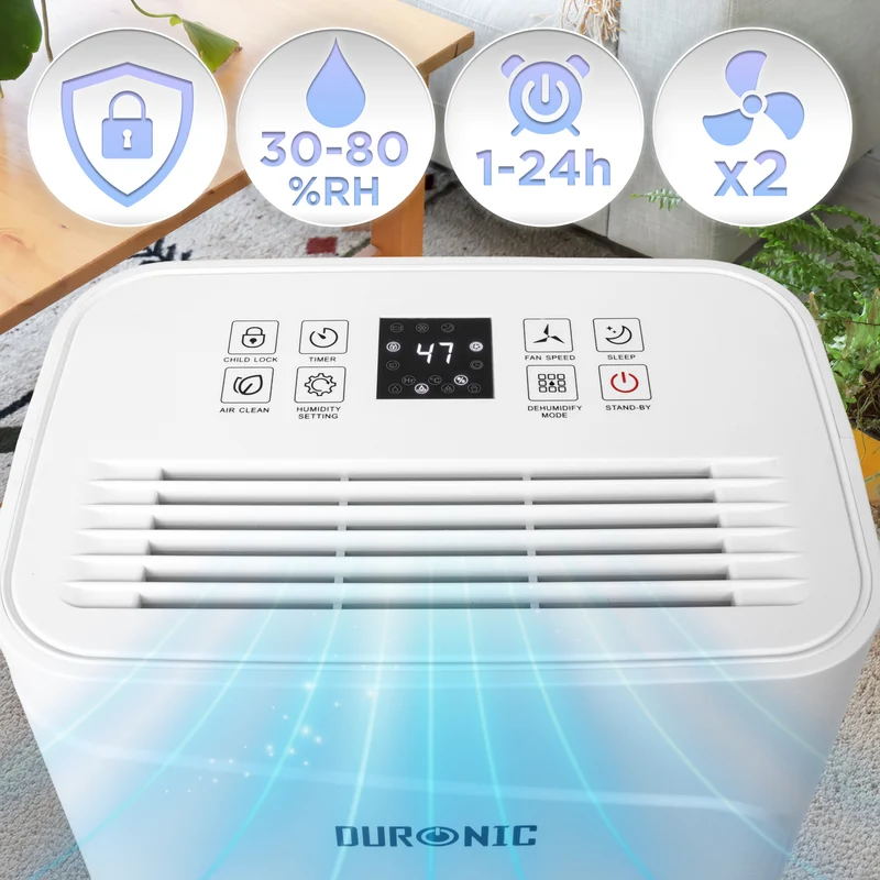 Duronic DH121 Deumidificatore 12L al Giorno 300W per Casa, 36dB, Bianco Deumidificatore silenzioso per bagno, camera da letto e lavanderia, con Timer 24h, serbatoio 2,1L scarico continuo e gas R290