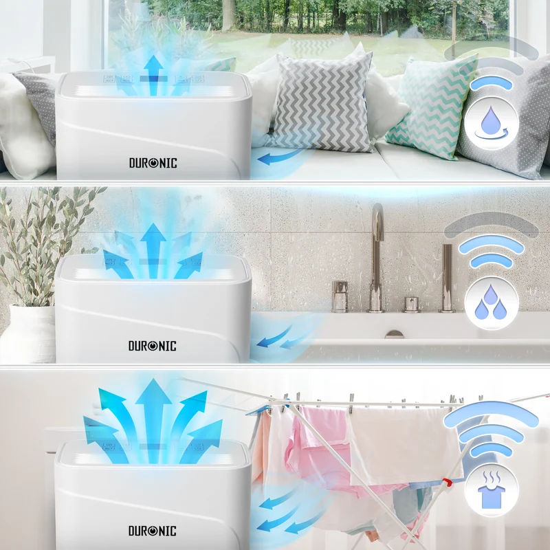 Duronic DH121 Deumidificatore 12L al Giorno 300W per Casa, 36dB, Bianco Deumidificatore silenzioso per bagno, camera da letto e lavanderia, con Timer 24h, serbatoio 2,1L scarico continuo e gas R290
