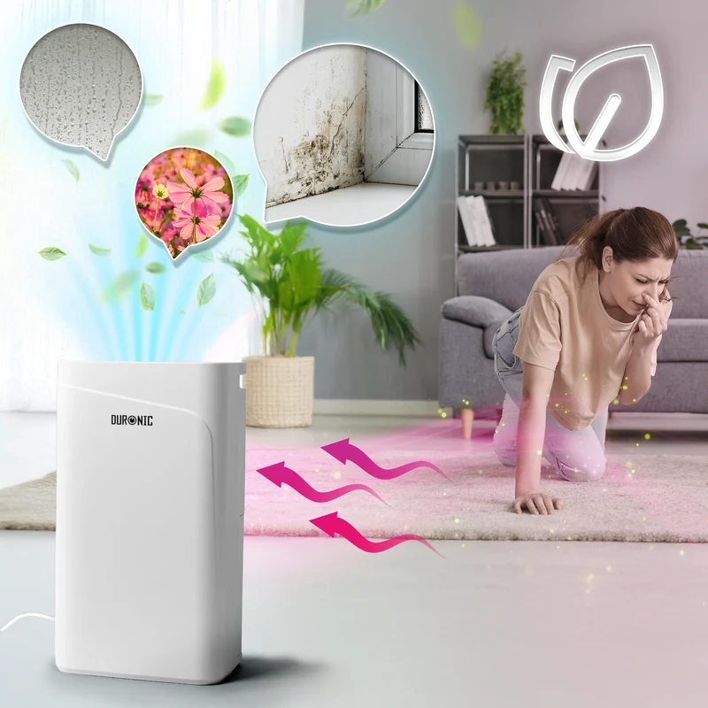 Duronic DH121 Deumidificatore 12L al Giorno 300W per Casa, 36dB, Bianco Deumidificatore silenzioso per bagno, camera da letto e lavanderia, con Timer 24h, serbatoio 2,1L scarico continuo e gas R290