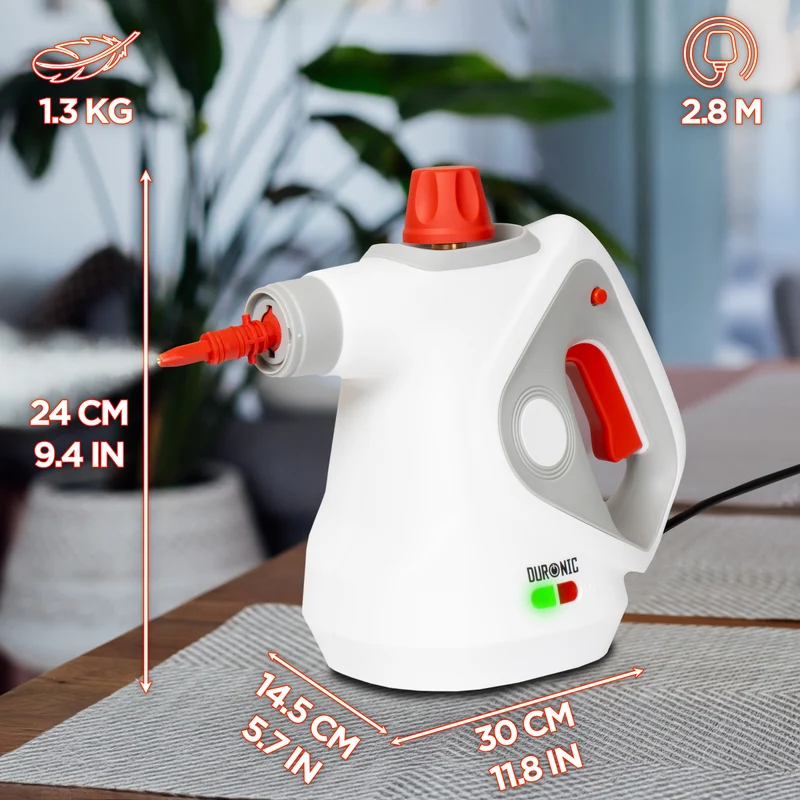 Duronic SC32 WE Pulitore a Vapore Portatile 1050W con Serbatoio 350 ml, Pulizia a Vapore Multifunzione Senza Detergenti per Divani Tessuti Fughe Doccia Forno Cucina Vetri Finestre Auto Bianco