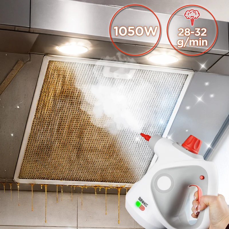 Duronic SC32 WE Pulitore a Vapore Portatile 1050W con Serbatoio 350 ml, Pulizia a Vapore Multifunzione Senza Detergenti per Divani Tessuti Fughe Doccia Forno Cucina Vetri Finestre Auto Bianco
