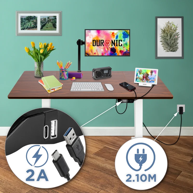Duronic CD140 WT Scrivania Elettrica Regolabile in Altezza 140x60 cm, Desk Sit Stand Motorizzato 72-118 cm con Memorie USB USB-C, Carico 70 kg, Postazione Ergonomica Ufficio Casa Smart Working