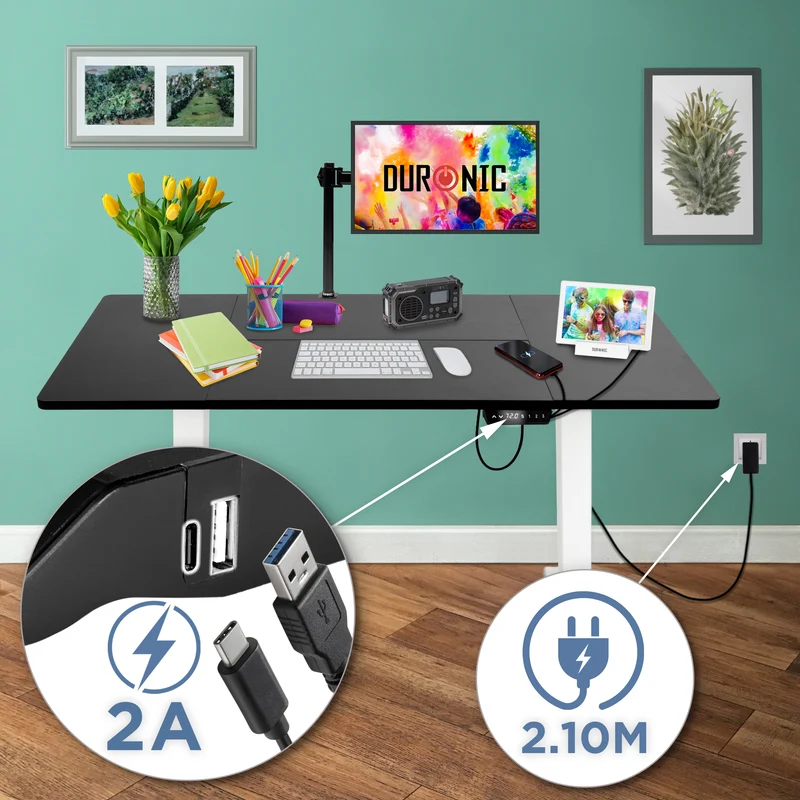 Duronic CD140 WK Scrivania Elettrica Regolabile in Altezza 140x60 cm, Desk Sit Stand Motorizzato 72-118 cm con Memorie USB USB-C, Carico 70 kg, Postazione Ergonomica Ufficio Casa Smart Working