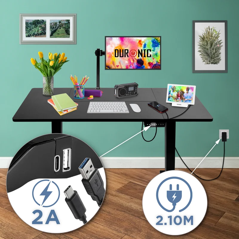 Duronic CD140 BK Scrivania Elettrica Regolabile in Altezza 140x60 cm Nera, Desk Sit Stand Motorizzato 72-118 cm con Memorie USB USB-C, Carico 70 kg, Postazione Ergonomica Ufficio Casa Smart Working
