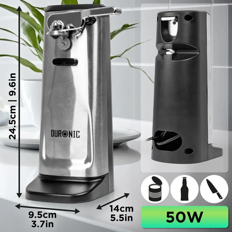 Duronic CO60 Apriscatole Elettrico 50W Automatico, Apri Lattine da Tavolo con Arresto Automatico, Affilacoltelli Integrato, Apribottiglie e Decapsulatore, Can Opener, Facile per Anziani