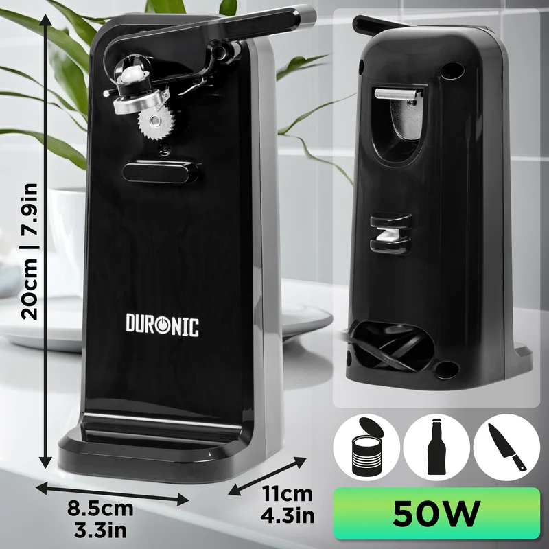 Duronic CO40 BK Apriscatole Elettrico 50W Automatico, Apri Lattine da Tavolo con Arresto Automatico, Affilacoltelli Integrato, Apribottiglie e Decapsulatore, Can Opener, Coperchio