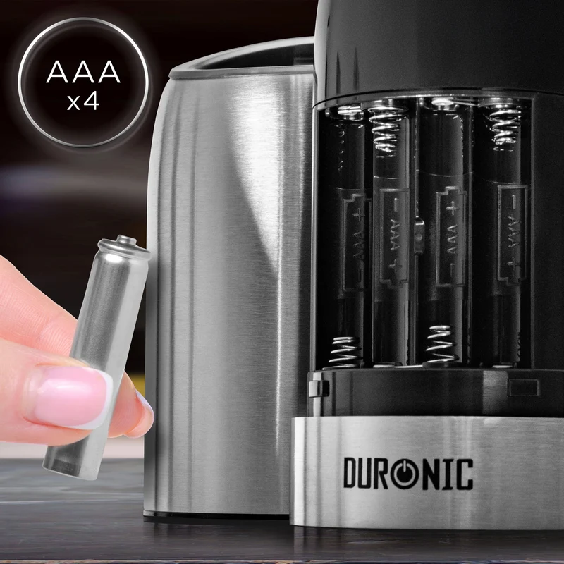 Duronic EMB2 Set 2 Macinasale pepe Elettrico, Macina Spezie automatico 150 ml, Gravità Senza Pulsanti, Regolabile Fine Grossa, Luce LED Macinino Sale Pepe, Portatile Alimentazione Batterie