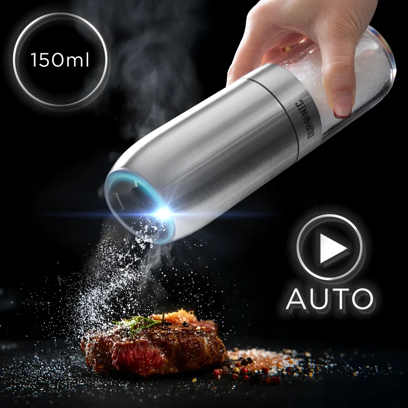 Duronic EMB1 Macinapepe Elettrico Automatico, Macinasale e Macina Spezie 150 ml, Gravità Senza Pulsanti, Regolabile Fine Grossa, Luce LED Macinino Sale Pepe, Portatile Alimentazione Batterie