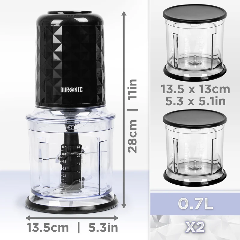 Duronic CH57 BK Mini Tritatutto 500W con 2 Ciotole 700 ml con Coperchio, Robot da Cucina Multifunzione per Verdure Frutta Carne Spezie, 4 Lame Acciaio Inox, Funzione Impulso, Preparazione Salse Nero