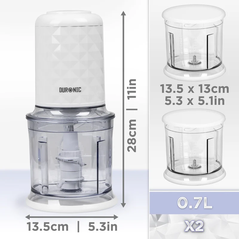 Duronic CH57 WE Mini Tritatutto 500W con 2 Ciotole 700 ml con Coperchio, Robot da Cucina Multifunzione per Verdure Frutta Carne Spezie, 4 Lame Acciaio Inox, Funzione Impulso, Preparazione Salse Bianco
