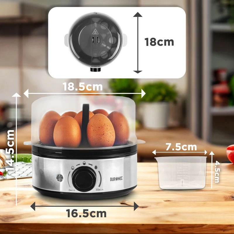 Duronic EB50 BK Cuociuova Elettrico 1-7 Uova 400W – Bollitore Uova con Timer 0-30 Min, 3 Livelli Cottura Sodo Molletto Alla Coque, Spegnimento Automatico con Allarme, Cottura Vapore Verdure Omelette