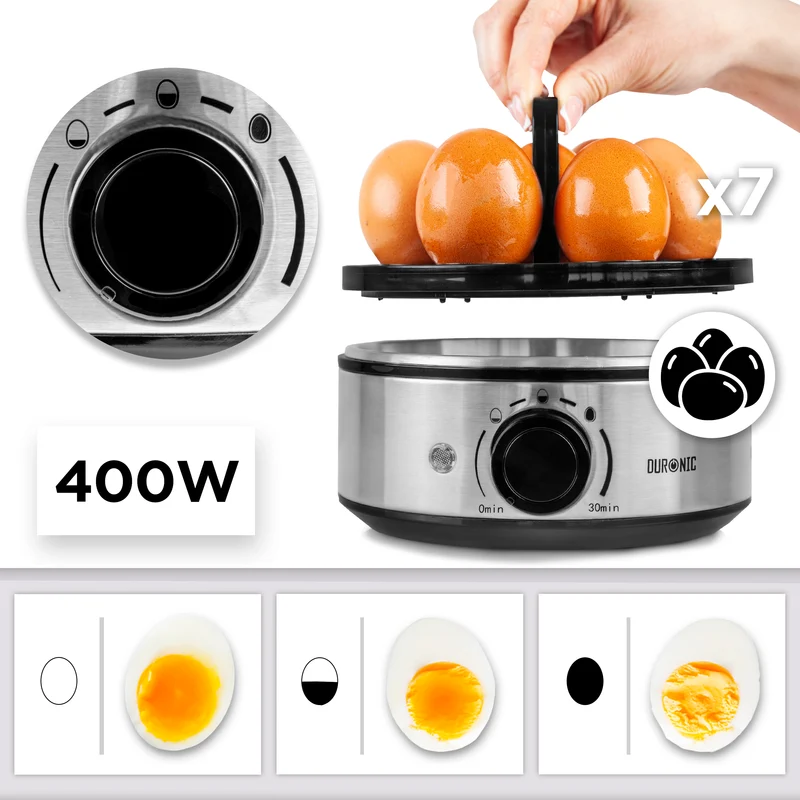 Duronic EB50 BK Cuociuova Elettrico 1-7 Uova 400W – Bollitore Uova con Timer 0-30 Min, 3 Livelli Cottura Sodo Molletto Alla Coque, Spegnimento Automatico con Allarme, Cottura Vapore Verdure Omelette