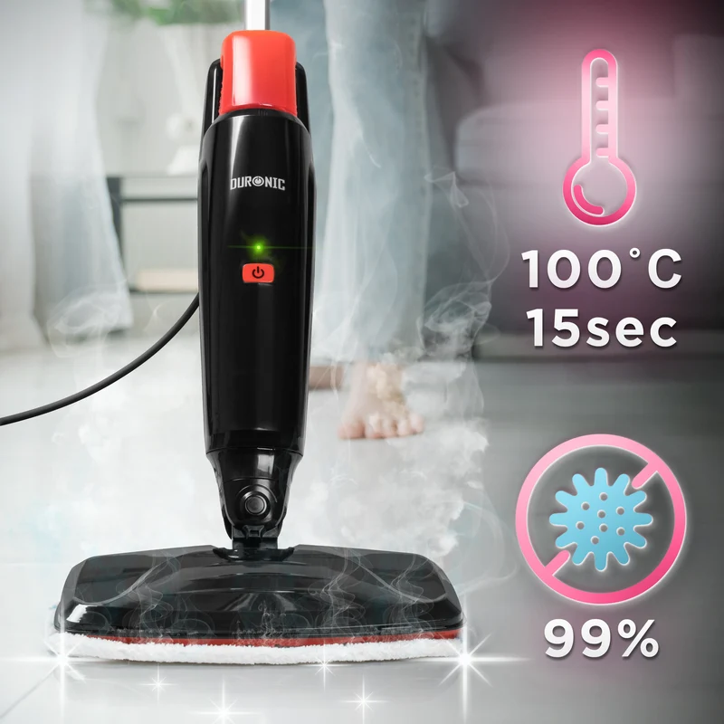Duronic STM15 BK Scopa a Vapore 1500W, Lavapavimenti Senza Detergenti, Pulitore a Vapore per Pavimenti e Tappeti, Serbatoio 500 ml, Igienizza ed Elimina Batteri, Cavo 7 m, Nero