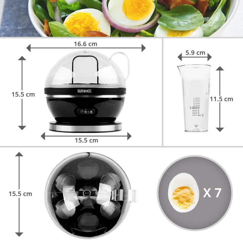 Duronic EB27 BK Cuociuova 400W, Fino a 7 uova, Sode, alla coque o medie, Cuoci uova, Bollitore uova con Funzione mantenimento in caldo, Misurino e coppette per cottura in camicia