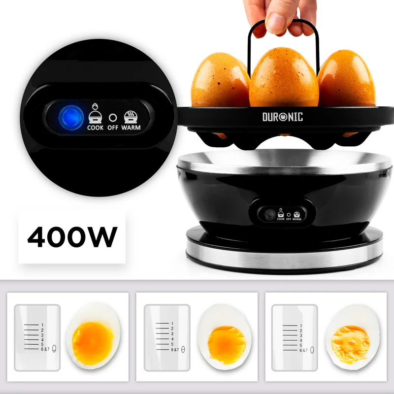 Duronic EB27 BK Cuociuova 400W, Fino a 7 uova, Sode, alla coque o medie, Cuoci uova, Bollitore uova con Funzione mantenimento in caldo, Misurino e coppette per cottura in camicia