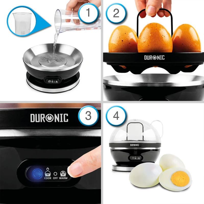Duronic EB27 BK Cuociuova 400W, Fino a 7 uova, Sode, alla coque o medie, Cuoci uova, Bollitore uova con Funzione mantenimento in caldo, Misurino e coppette per cottura in camicia