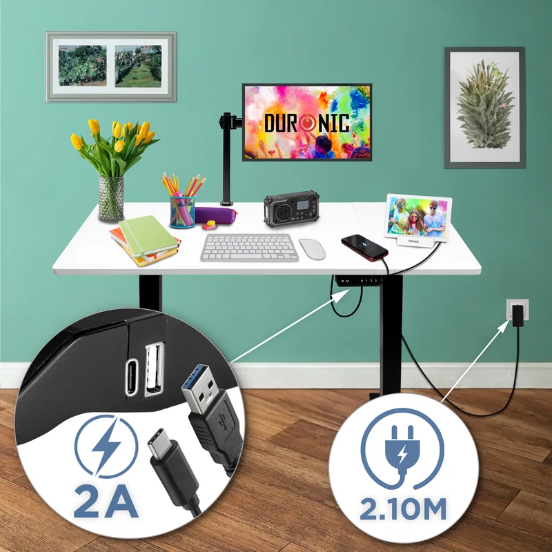 Duronic CD120 BW Scrivania Elettrica Regolabile in Altezza 72-118 cm, Piano 120x60 cm, Portata 70 kg, Postazione Ergonomica Seduto-In Piedi per Ufficio e Telelavoro con Porte USB e USB-C, Bianco