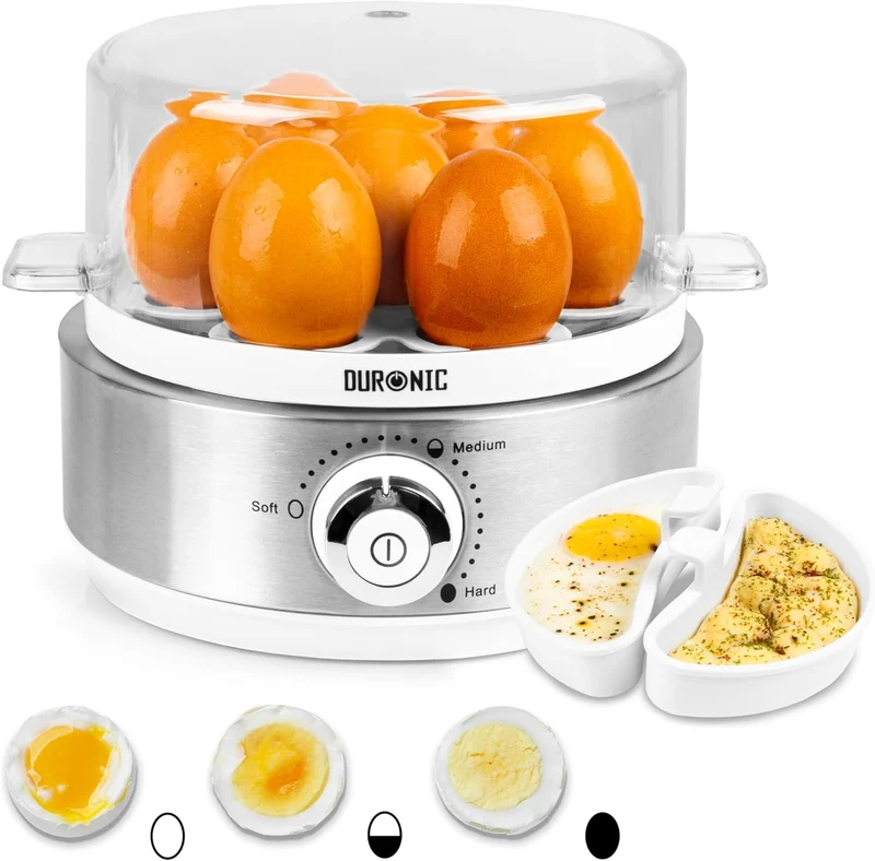 Duronic EB40 WE Cuociuova elettrico 400W Cuoci uova fino a 7 uova Bollitore uova per uova Sode Medie Alla coque Cuocitore di Uova con 2 vassoi per Frittata e uovo in camicia Omelet maker Egg cooker