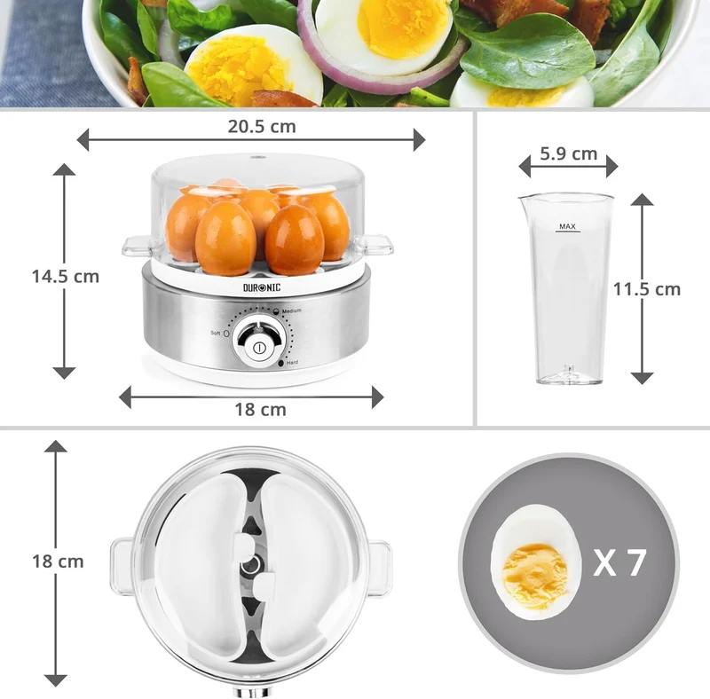 Duronic EB40 WE Cuociuova elettrico 400W Cuoci uova fino a 7 uova Bollitore uova per uova Sode Medie Alla coque Cuocitore di Uova con 2 vassoi per Frittata e uovo in camicia Omelet maker Egg cooker