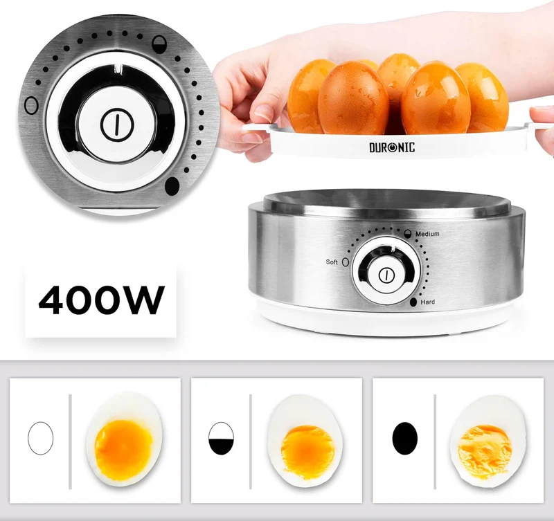 Duronic EB40 WE Cuociuova elettrico 400W Cuoci uova fino a 7 uova Bollitore uova per uova Sode Medie Alla coque Cuocitore di Uova con 2 vassoi per Frittata e uovo in camicia Omelet maker Egg cooker