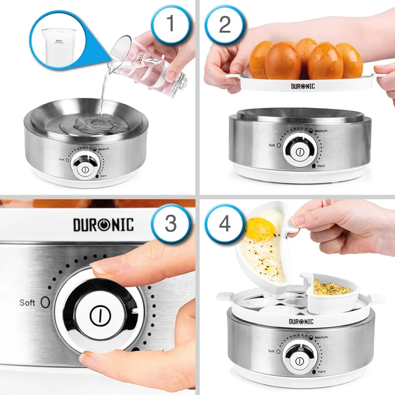 Duronic EB40 WE Cuociuova elettrico 400W Cuoci uova fino a 7 uova Bollitore uova per uova Sode Medie Alla coque Cuocitore di Uova con 2 vassoi per Frittata e uovo in camicia Omelet maker Egg cooker
